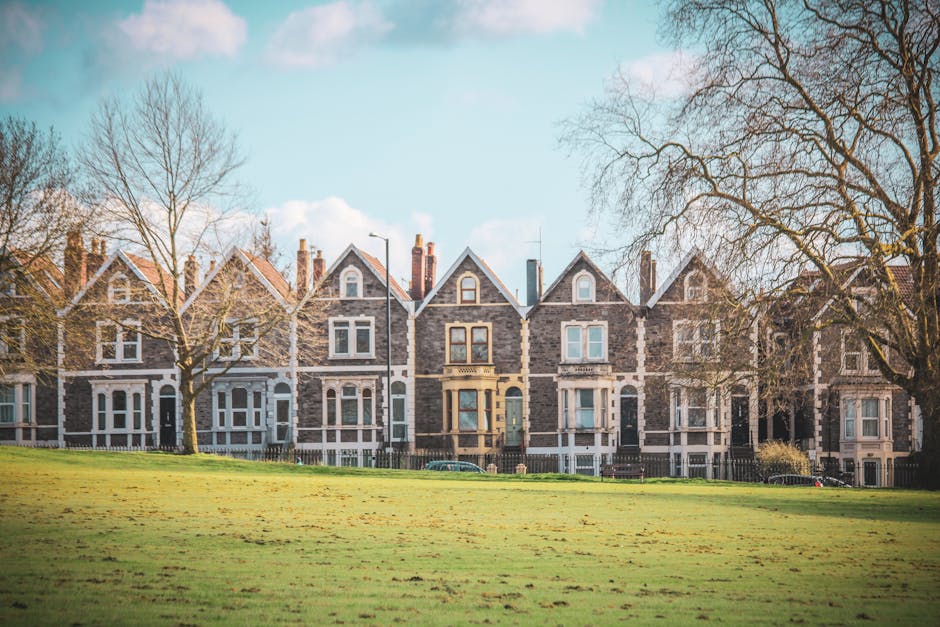 A row of Victorian-style terraced houses constructed with dark grey brick and white trim, situated along a street with leafless trees in front. The image shows the houses from a distance during daylig